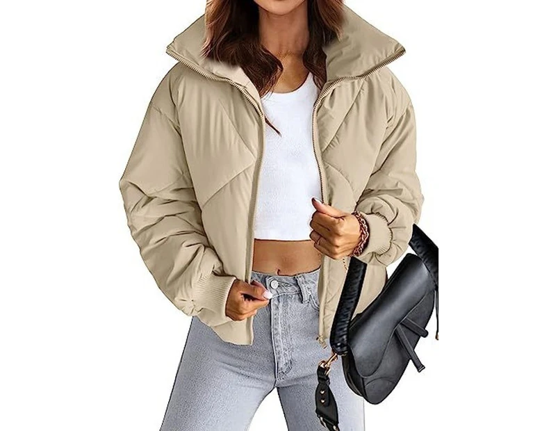 Women's Quilted Batwing Sleeve Long Sleeve Full Zipper Pocket Warm Short Jacket-Shallow khaki