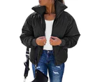 Women's Quilted Batwing Sleeve Long Sleeve Full Zipper Pocket Warm Short Jacket-black