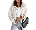 Women's Quilted Batwing Sleeve Long Sleeve Full Zipper Pocket Warm Short Jacket-Off white