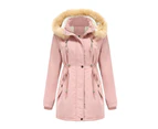Women's Thicken Fleece Lined Parka Winter Coat Hooded Jacket with Removable Fur Collar-Pink