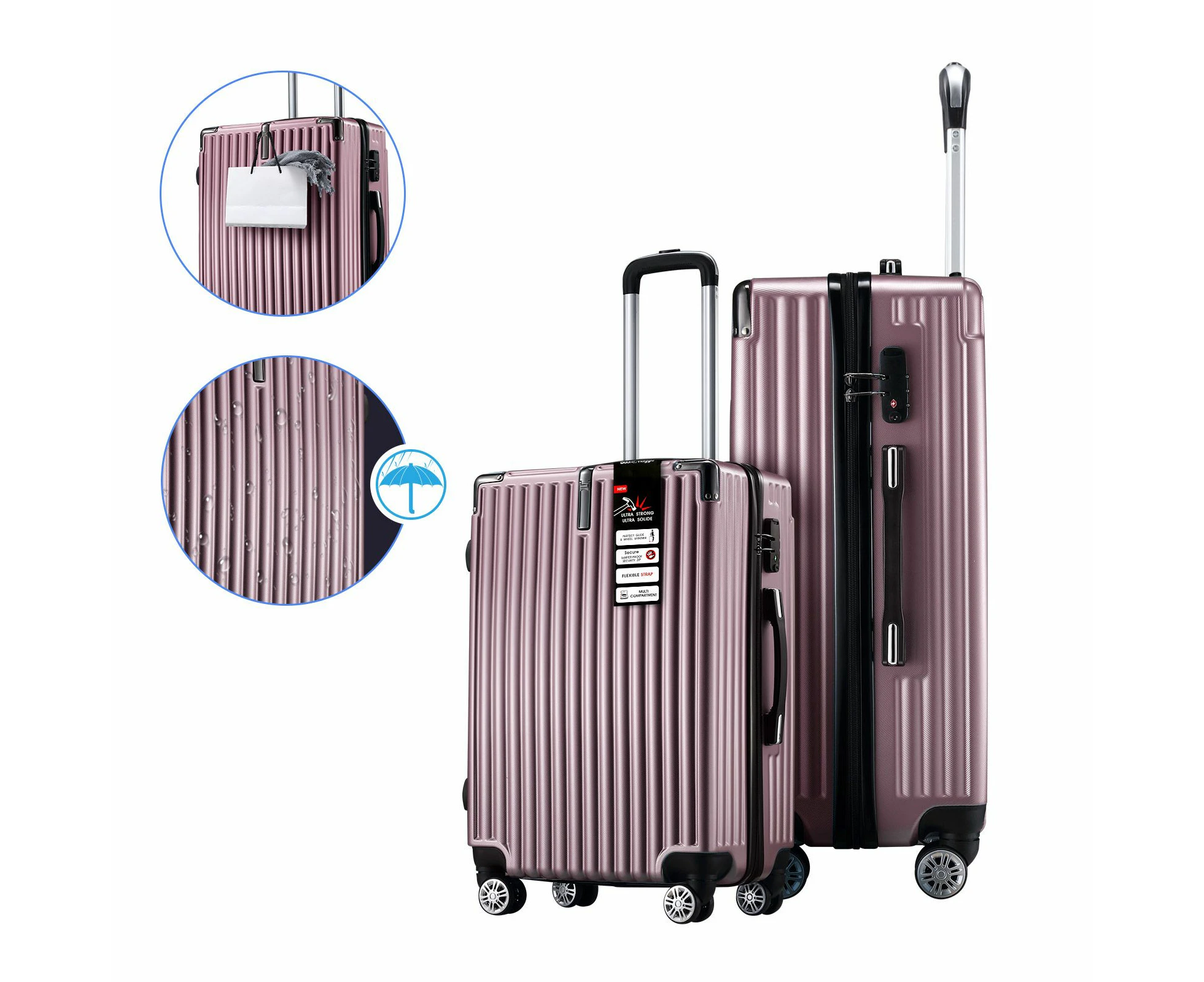 2 Piece Luggage Suitcase Set Carry On Spinner Case Traveller Bag Storage Cabin Lightweight Hard Shell Trolley Wheels TSA Lock Rose Gold