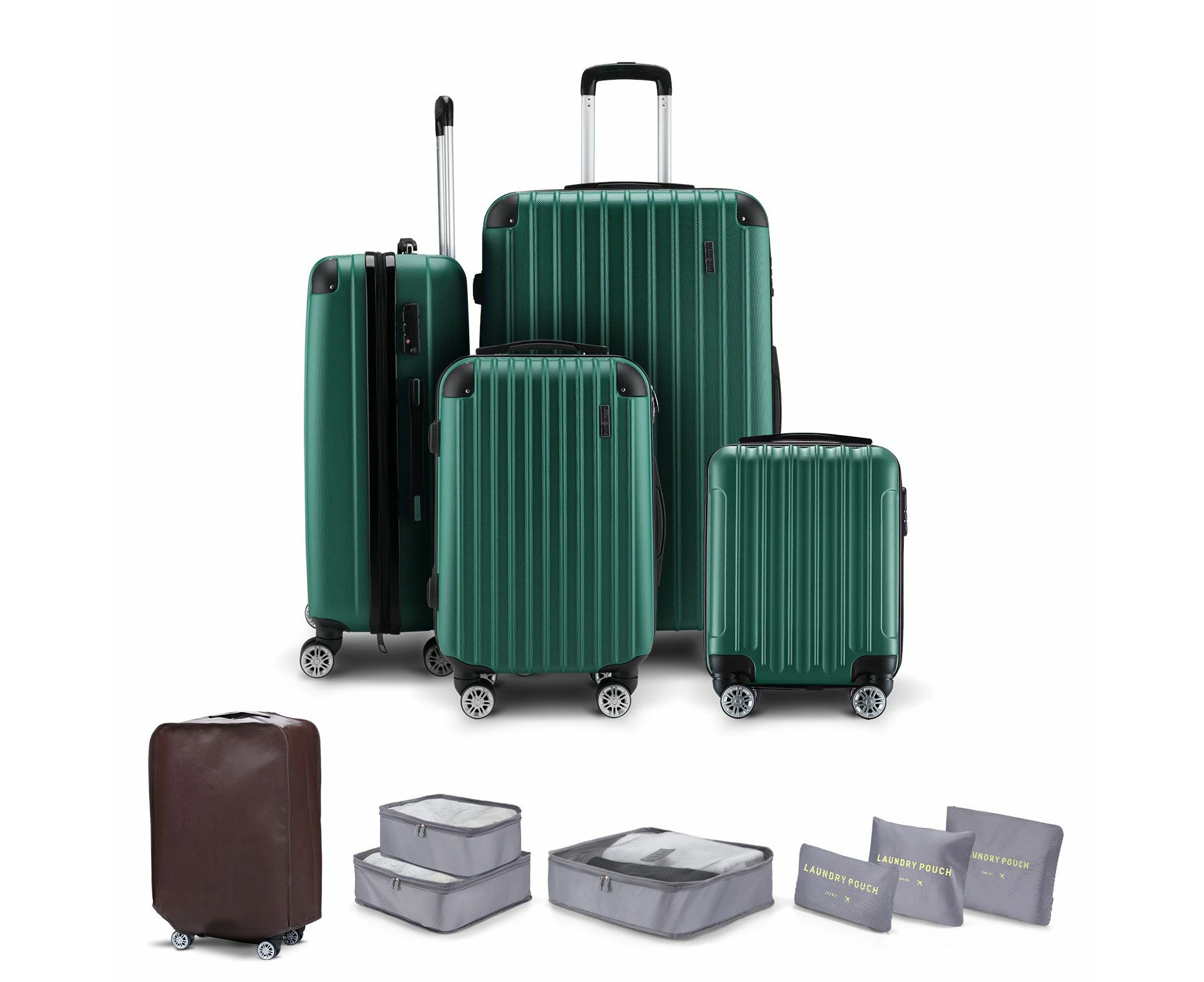 4 Piece Luggage Set Travel Suitcase Traveller Bag Carry On Lightweight Checked Hard Shell Trolley Expandable TSA Lock Green