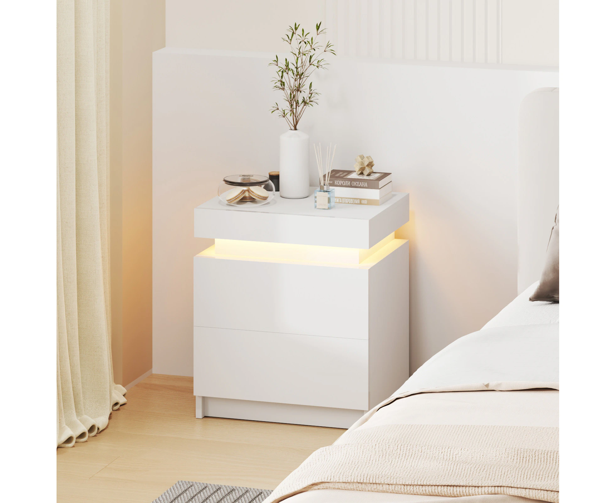 Advwin Bedside Table 2 Drawers With Lift Up Storage Nightstand LED RGB Light Side Table White