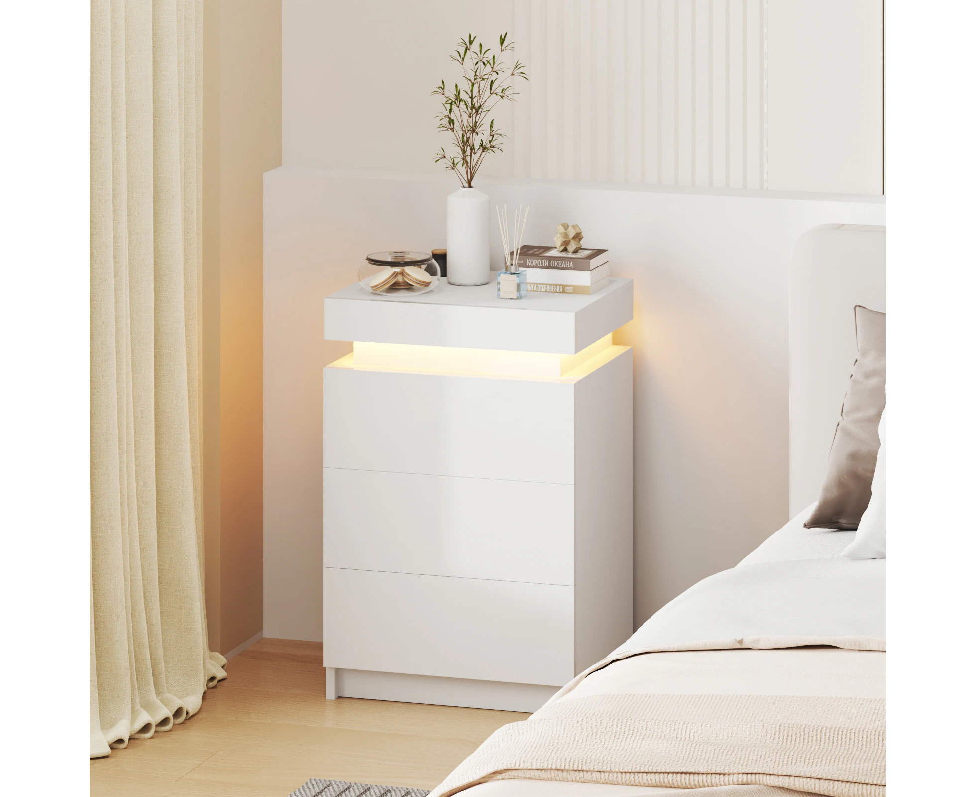 Advwin Bedside Table 3 Drawers With Lift Up Storage Nightstand LED RGB Light Side Table White