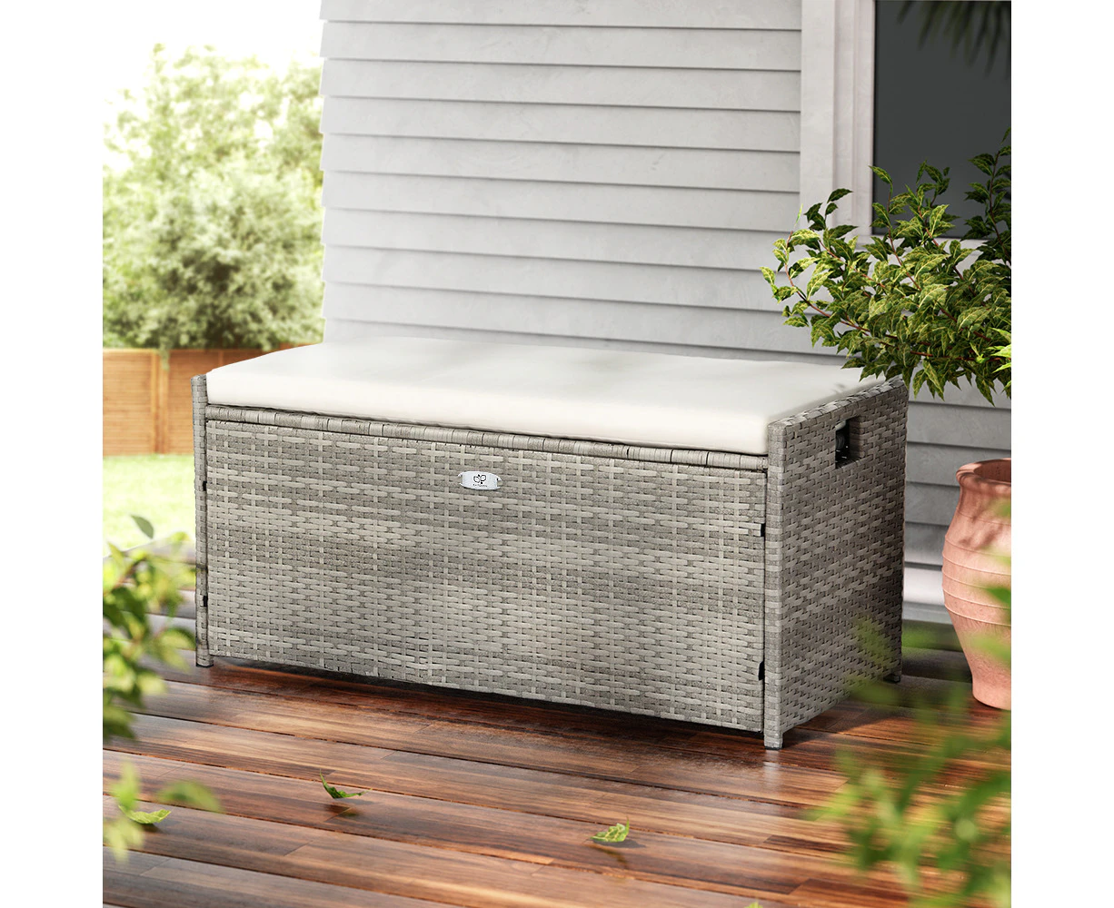 Gardeon Outdoor Storage Bench Box Wicker Garden Sheds Tools Cushion Patio  Furniture Grey