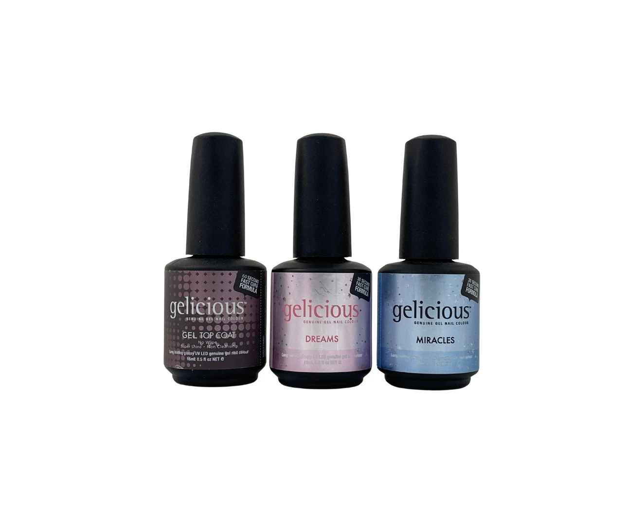 Gelicious Trio Kit - No Wipe Top Coat, Dreams & Miracles 3 x 15mL