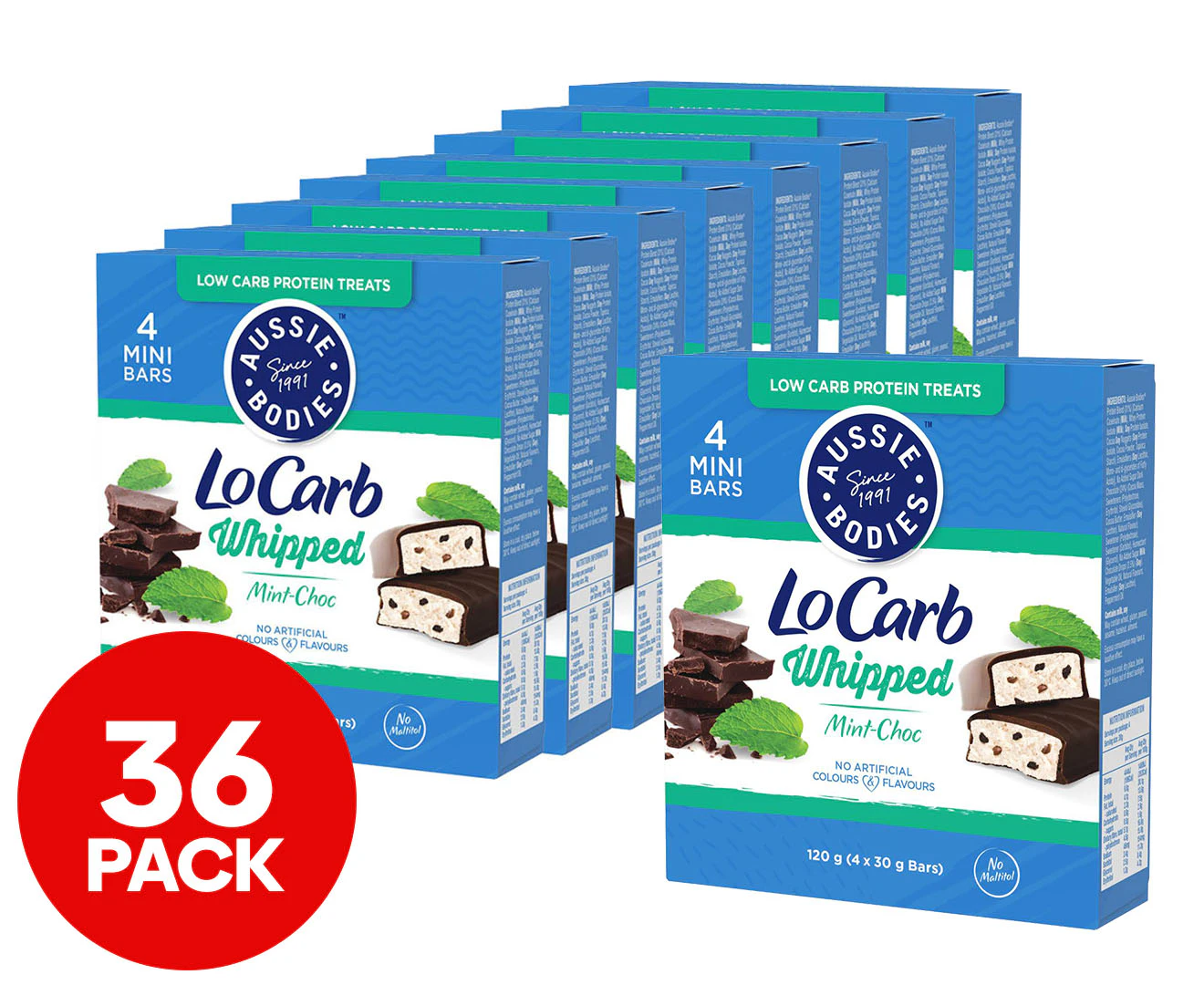 9 x 4pk Aussie Bodies Lo Carb Whipped Protein Bars Mint Choc