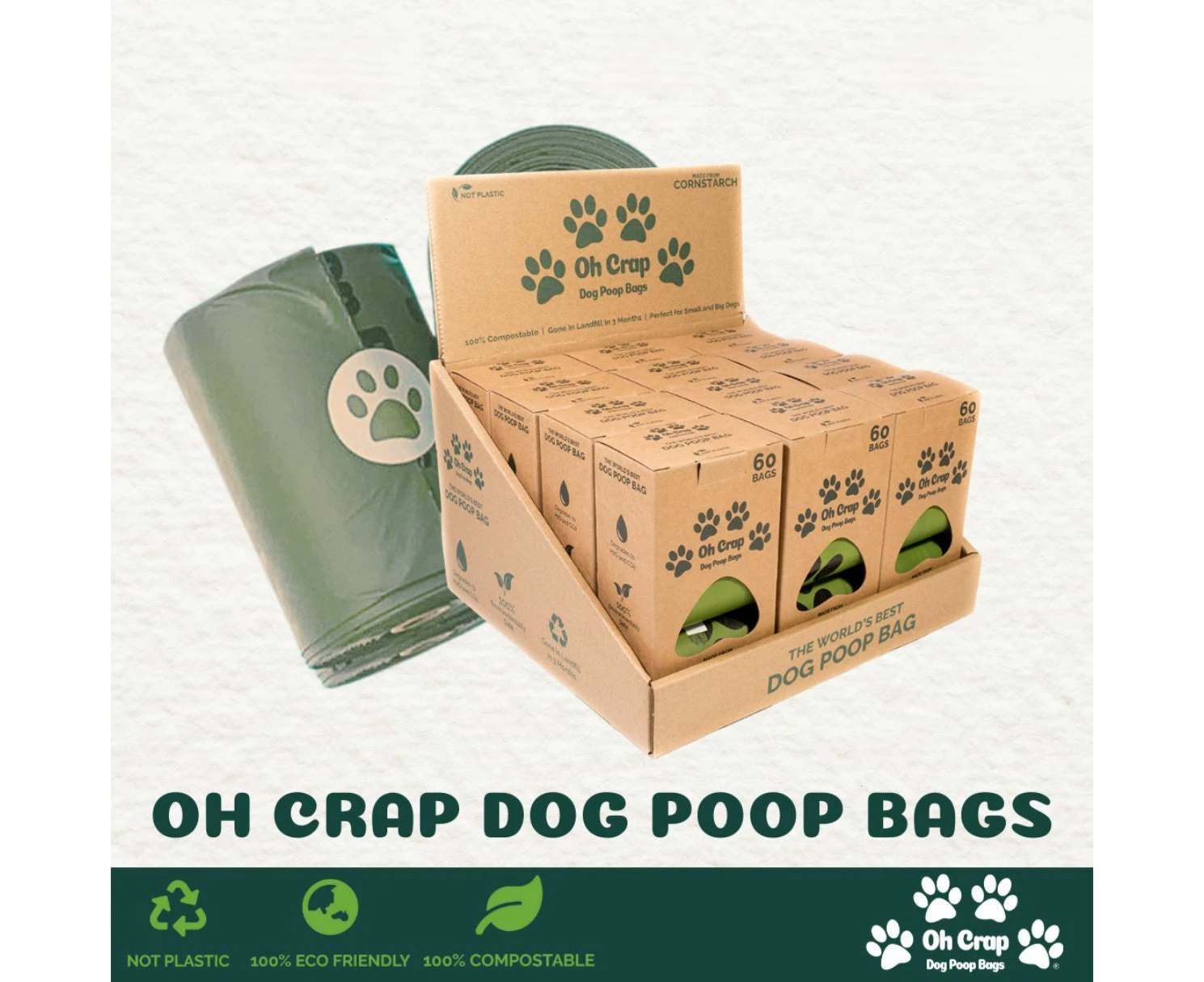 Oh Crap Compostable Dog Poop Bags - 12 Boxes x 4 Rolls per Box (48 rolls)