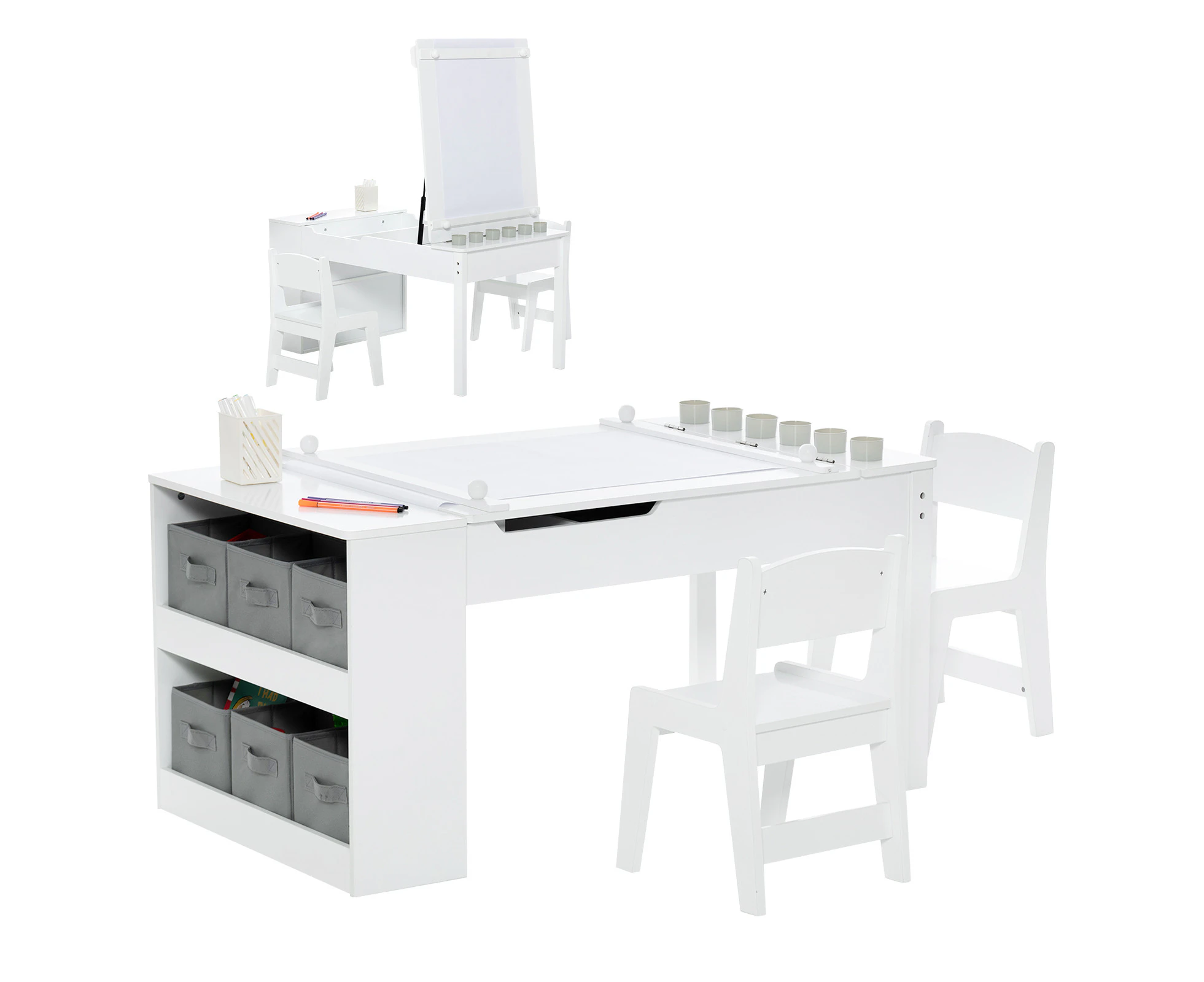 Giantex 2-in-1 Kids Table & Chairs Set Art Easel Table Children Activity Drawing Desk w/Storage Box/Paint Cups/Paper Roller, White