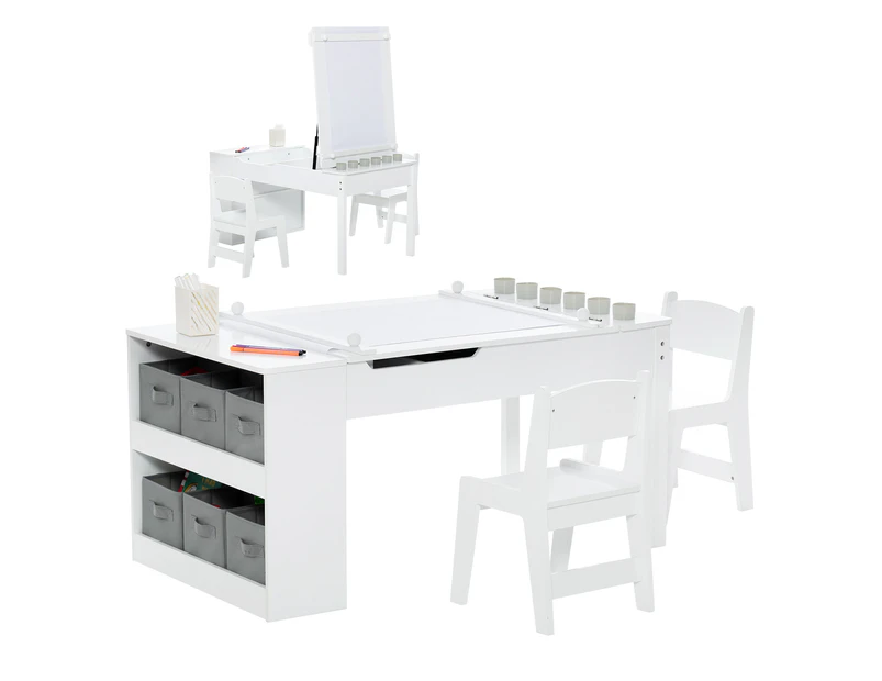 Giantex 2-in-1 Kids Table & Chairs Set Art Easel Table Children Activity Drawing Desk w/Storage Box/Paint Cups/Paper Roller, White