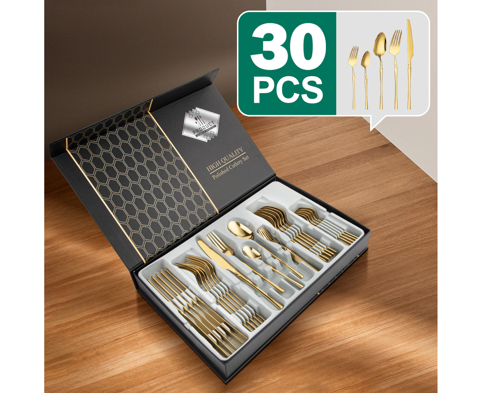 30 Piece Gold Cutlery Set Stainless Steel Dinner Steak Knife Fork Soup Spoon Tableware Boxed Gift