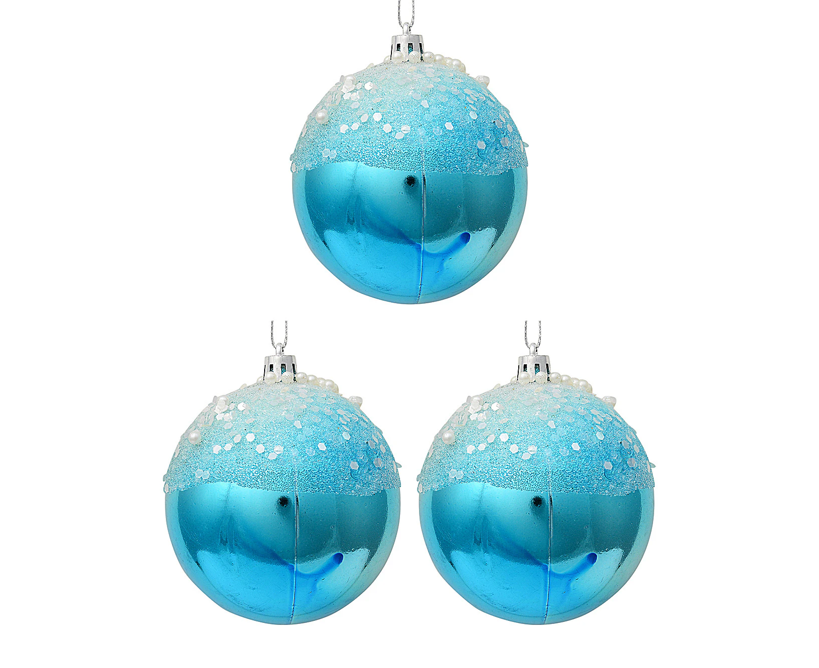 Blue Baubles With Frosted Look, Sequins & Pearl Embellishments - 3 x 80mm