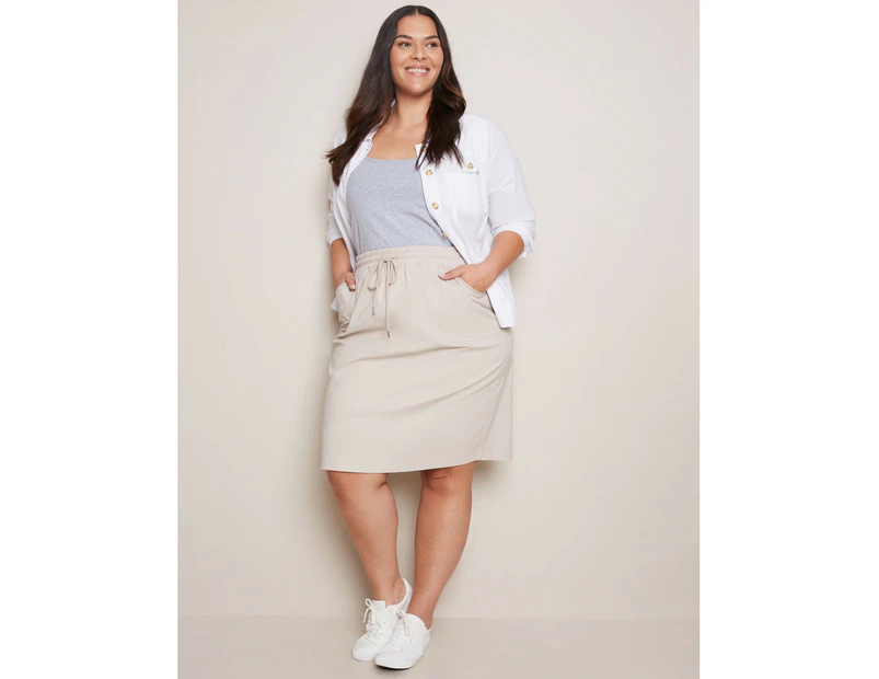 AUTOGRAPH - Plus Size - Womens Skirts - Midi - Summer - Beige - Pencil - Clothes - Stone - Relaxed Fit - Elastic Waist - Pocket - Casual Work Fashion - Beige