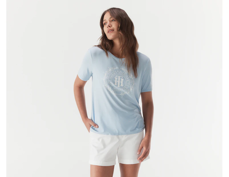 Tommy Hilfiger Women's Sueded Crest Open Neck Tee / T-Shirt / Tshirt - Breezy Blue