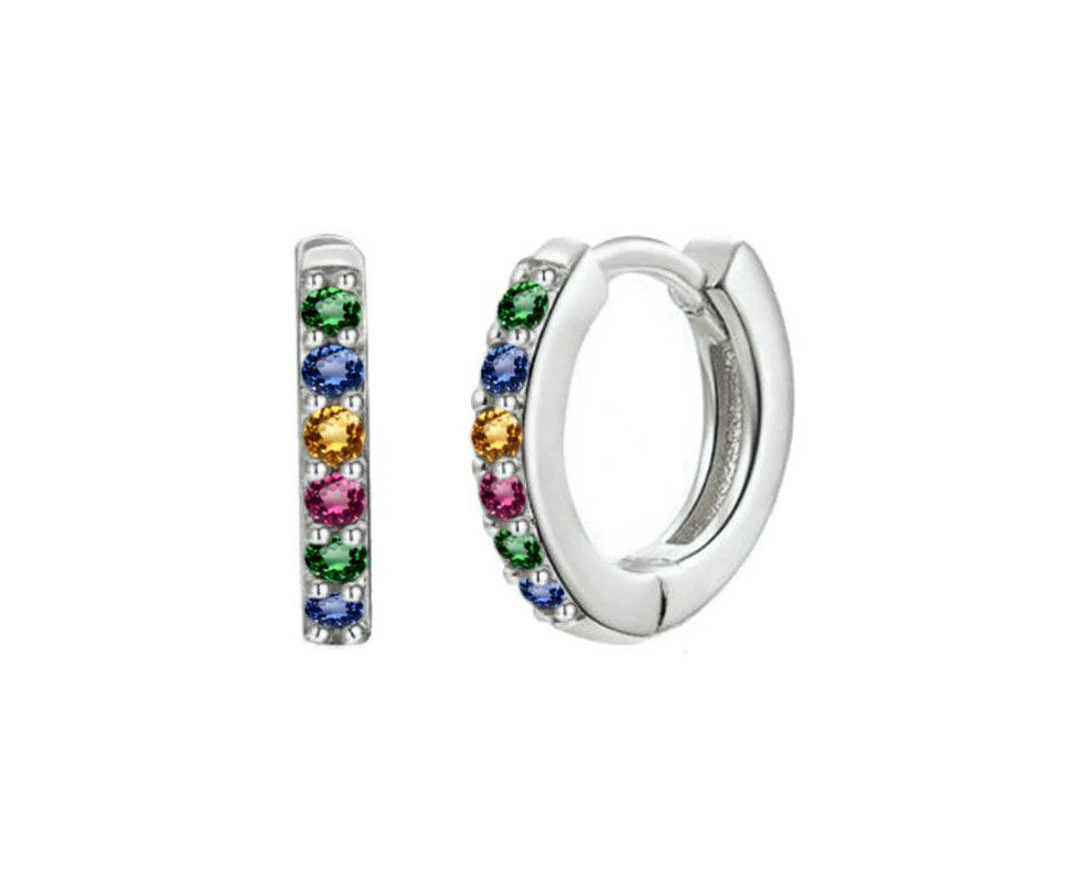 925 Sterling Silver Gold Rings Plated Cubic Crystal Cuff Huggie Hoop Earrings Au - Silver-Multi Crystal