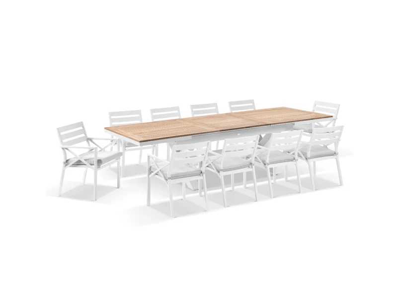 Austin Outdoor 2.2m - 3m Extension Teak and Aluminium Table with 10 Kansas Dining Chairs - Outdoor Dining Settings - White