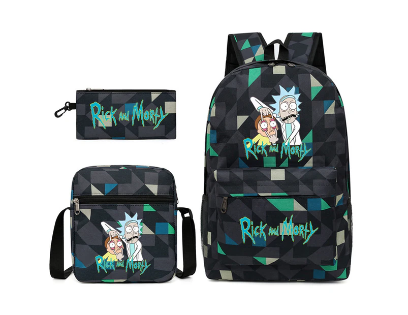 Three-piece Set Anime Rick and Morty Backpack Student Schoolbag Shoulder Bag Pen Bag Rhombic2