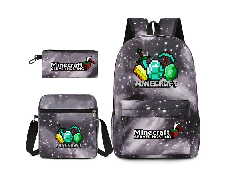 Three Pieces Set Popular Game Minecraft Backpack Student School Bag Shoulder Bag Pen Bag Star Grey2