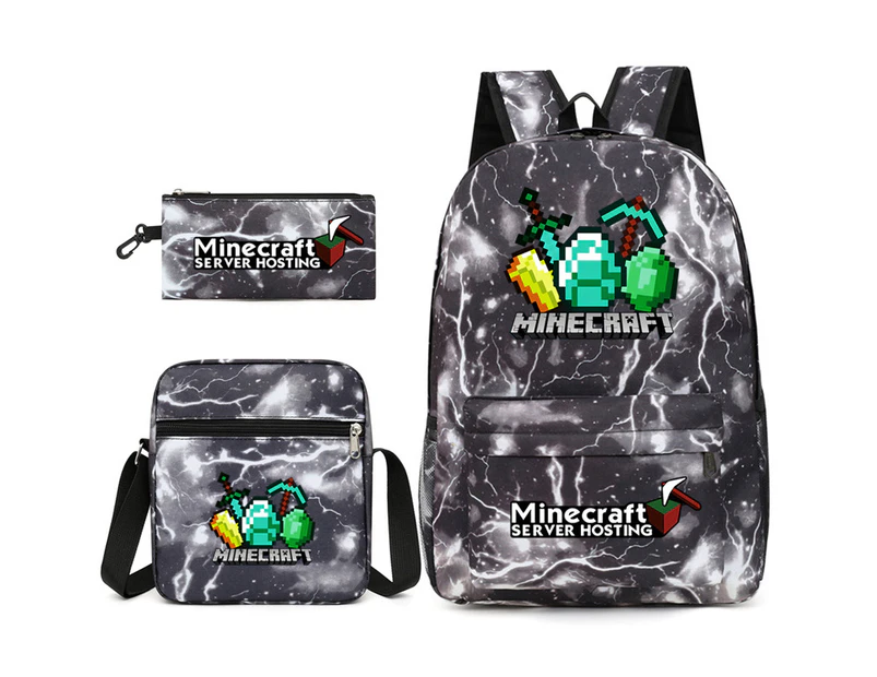 Three Pieces Set Popular Game Minecraft Backpack Student School Bag Shoulder Bag Pen Bag Black Lightning2