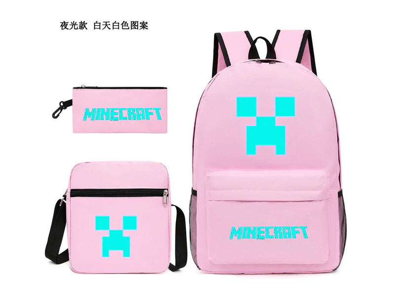 Three Pieces Set Popular Game Minecraft Backpack Student School Bag Shoulder Bag Pen Bag Pink1