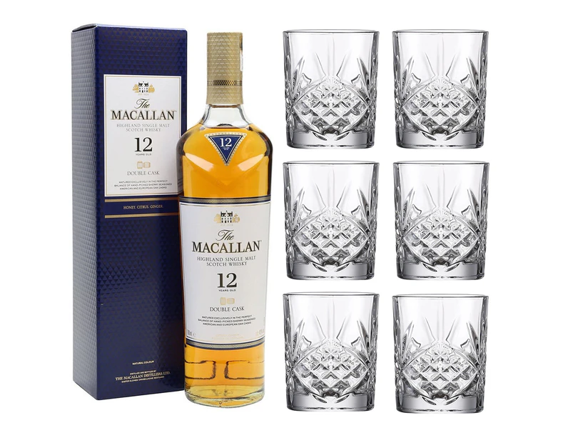 Macallan 12 Year Old Double Cask Single Malt with set of 6 Whisky Tumblers 700ml