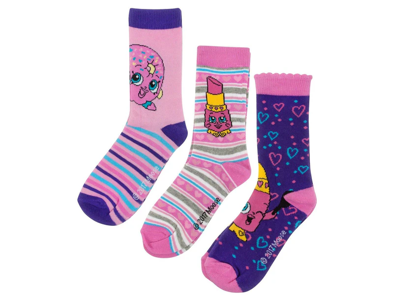 Shopkins Girls Assorted Designs Socks Set (Pack of 3) (Pink/Purple) - NS7353