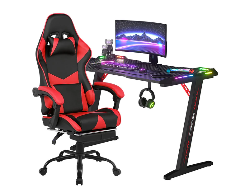 Gaming Desk RGB LED Light & Gaming Chair Tilt 135°with Footrest Red
