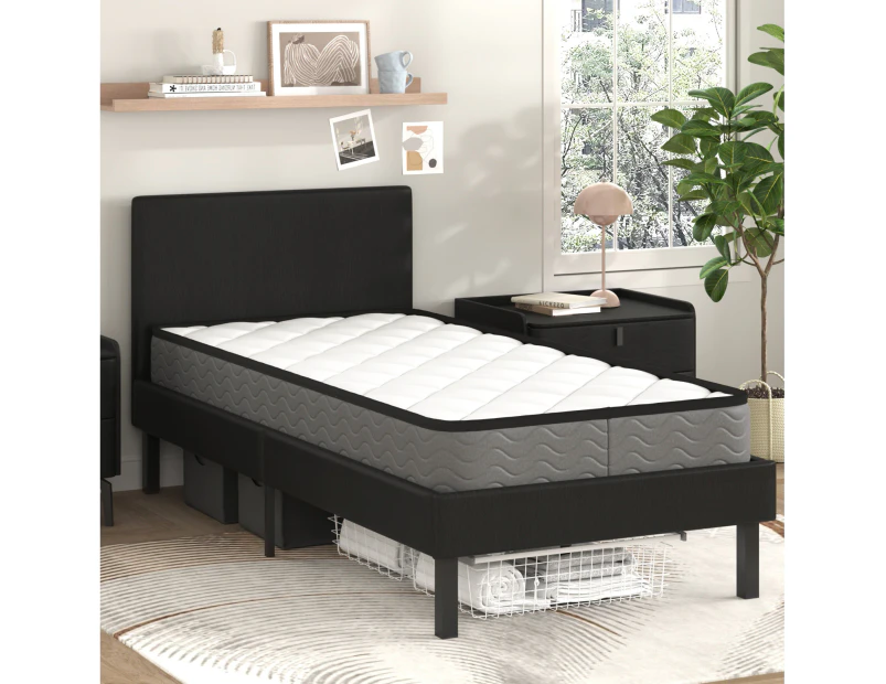 Advwin Bed Frame Single Size Leather Mattress Base Upholstered Platform With Headboard Black