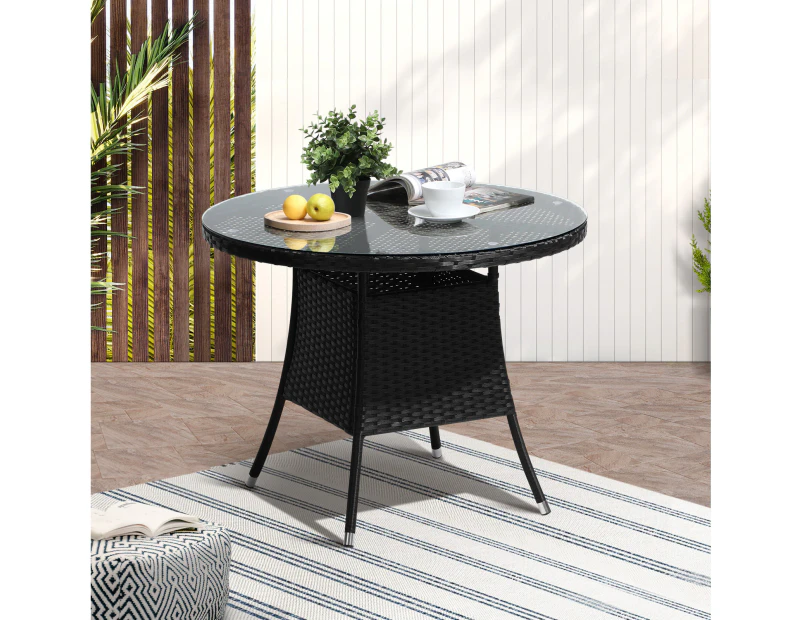 Livsip Outdoor Dining Table 90CM Round Rattan Glass Table Patio Furniture Black