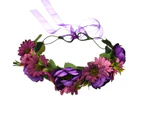 Floral Crown Boho Flower Headband Hair Wreath Floral Headpiece Halo With Ribbon Wedding Party Festival - Purple