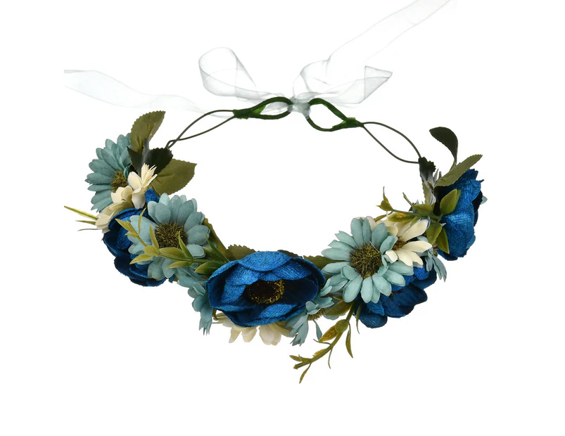 Floral Crown Boho Flower Headband Hair Wreath Floral Headpiece Halo With Ribbon Wedding Party Festival - Blue