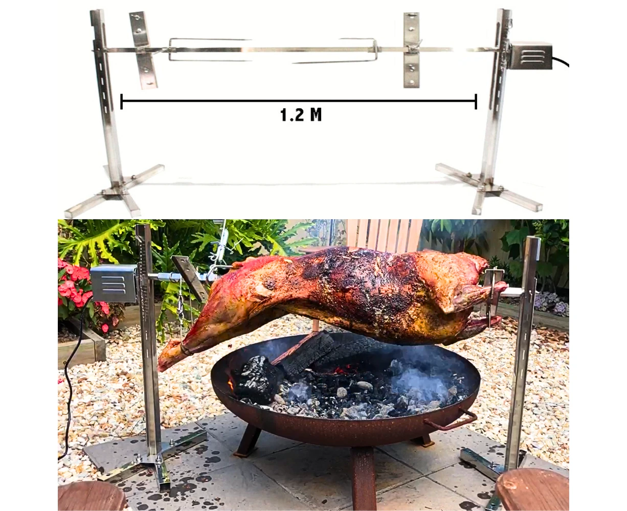 Large 120cm Electric Outdoor Lamb Spit Grill Rotisserie BBQ Portable Stainless Steel Roast Campfire Camping