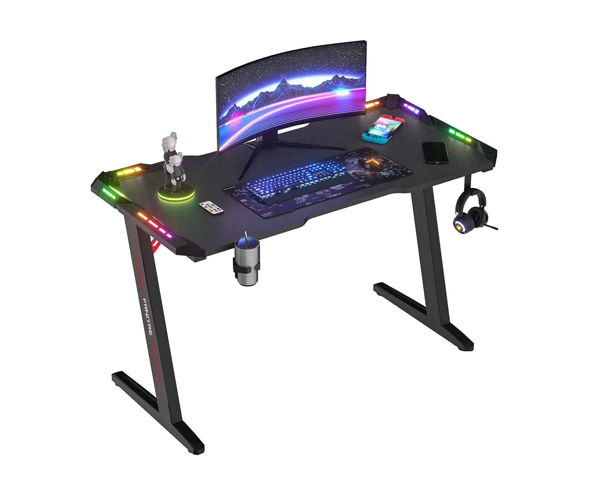 Advwin Gaming Desk RGB LED Ergonomic Racer Table Carbon Fiber Gamer Workstation with Cup Holder & Headset Hook 120cm