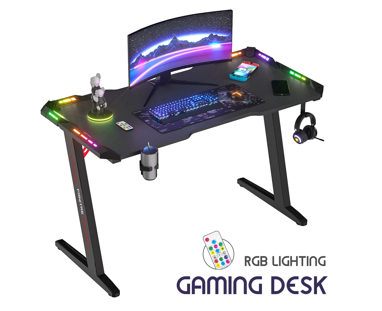 Advwin Gaming Office Desk RGB LED Gamer Workstation Carbon Fiber Racer Table with Cup Holder and Headphone Hook 120cm