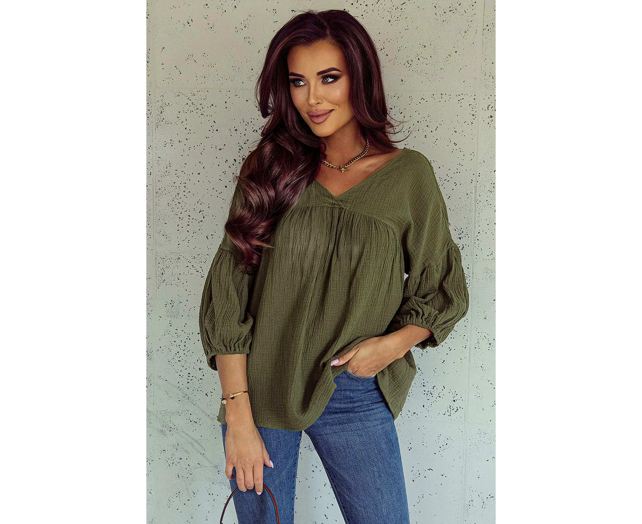 Azura Exchange Textured V Neck Bracelet Sleeve Babydoll Blouse - Green