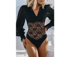 Azura Exchange Scalloped Lace Bodysuit with Bubble Sleeves - Black