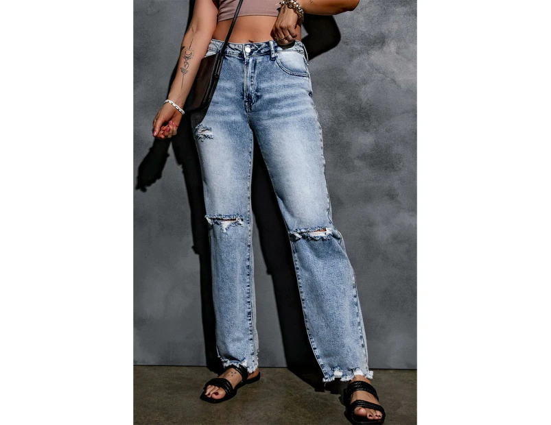 Azura Exchange Wide Leg High Waist Jeans with Ripped Details - Sky Blue
