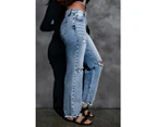 Azura Exchange Wide Leg High Waist Jeans with Ripped Details - Sky Blue