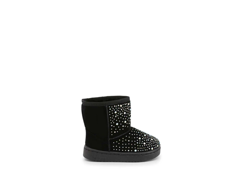 Shone Glitter Synthetic Leather Ankle Boots with Synthetic Fur Lining - Black