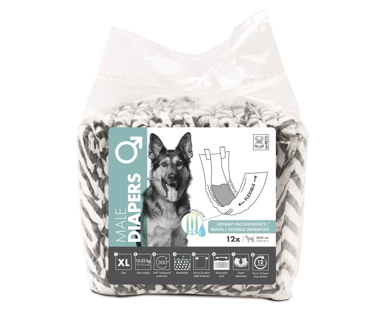 12pc M-Pets Male Dog/Puppy Pet Diapers Breathable Secure XL w/ Witness Indicator