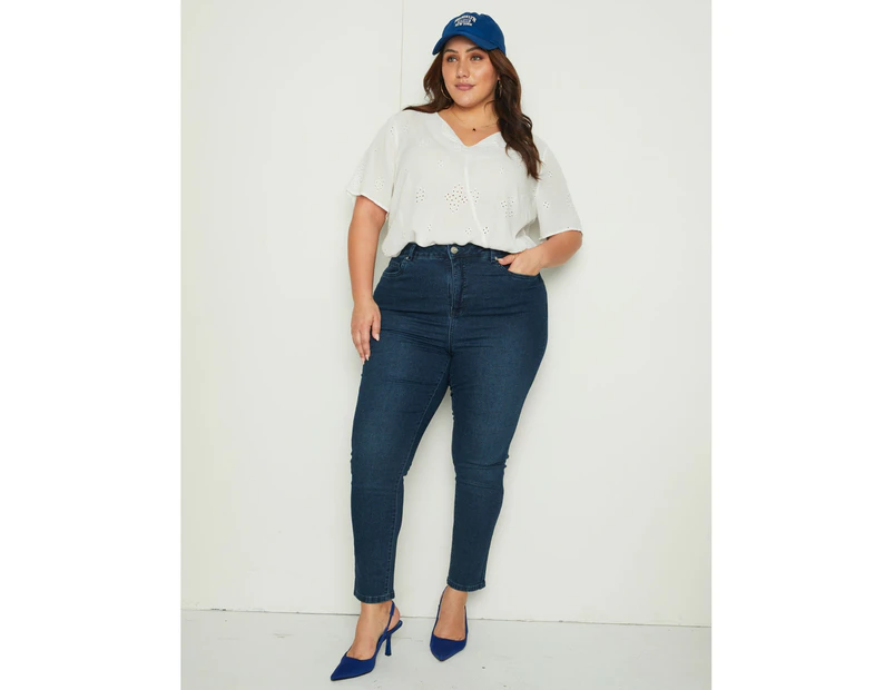 BeMe - Plus Size - Womens Jeans - Blue Bootleg Cotton Pants - Denim Work Wear - Summer - Mid Wash - Elastane - Fashion Trousers - Office Clothes - Blue