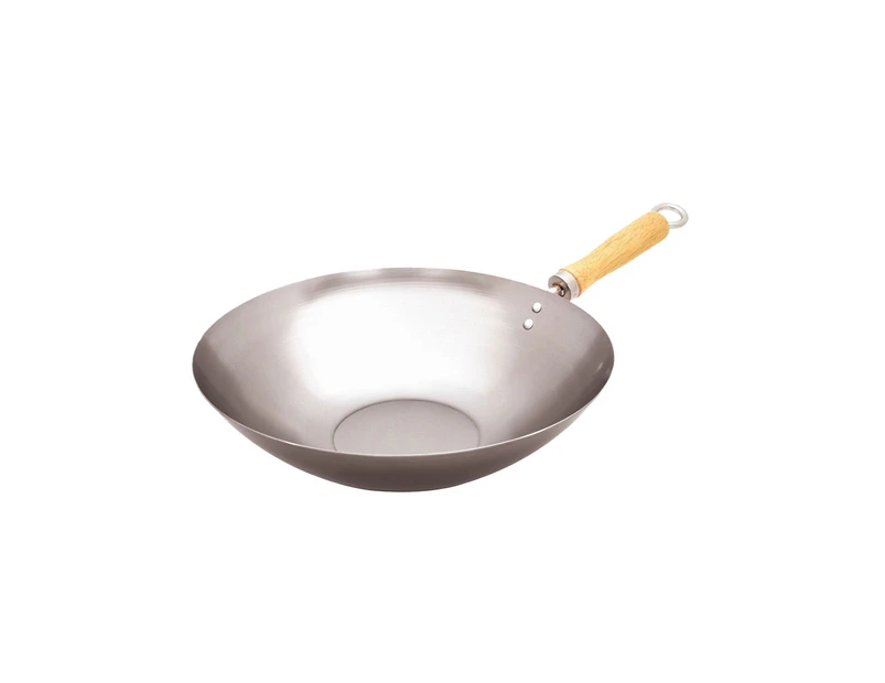 Cuisena 27cm Carbon Steel Stir Frying Wok Cooking Pan w/ Wooden Handle Silver