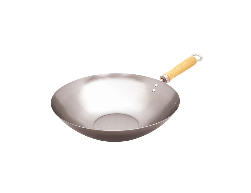 Cuisena 30cm Carbon Steel Stir Frying Wok Cooking Pan w/ Wooden Handle Silver