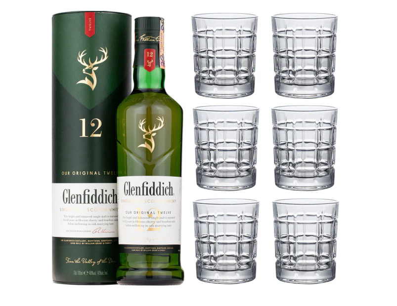 Glenfiddich 12 Year Old Single Malt with set of 6 Whisky Tumblers 700ml