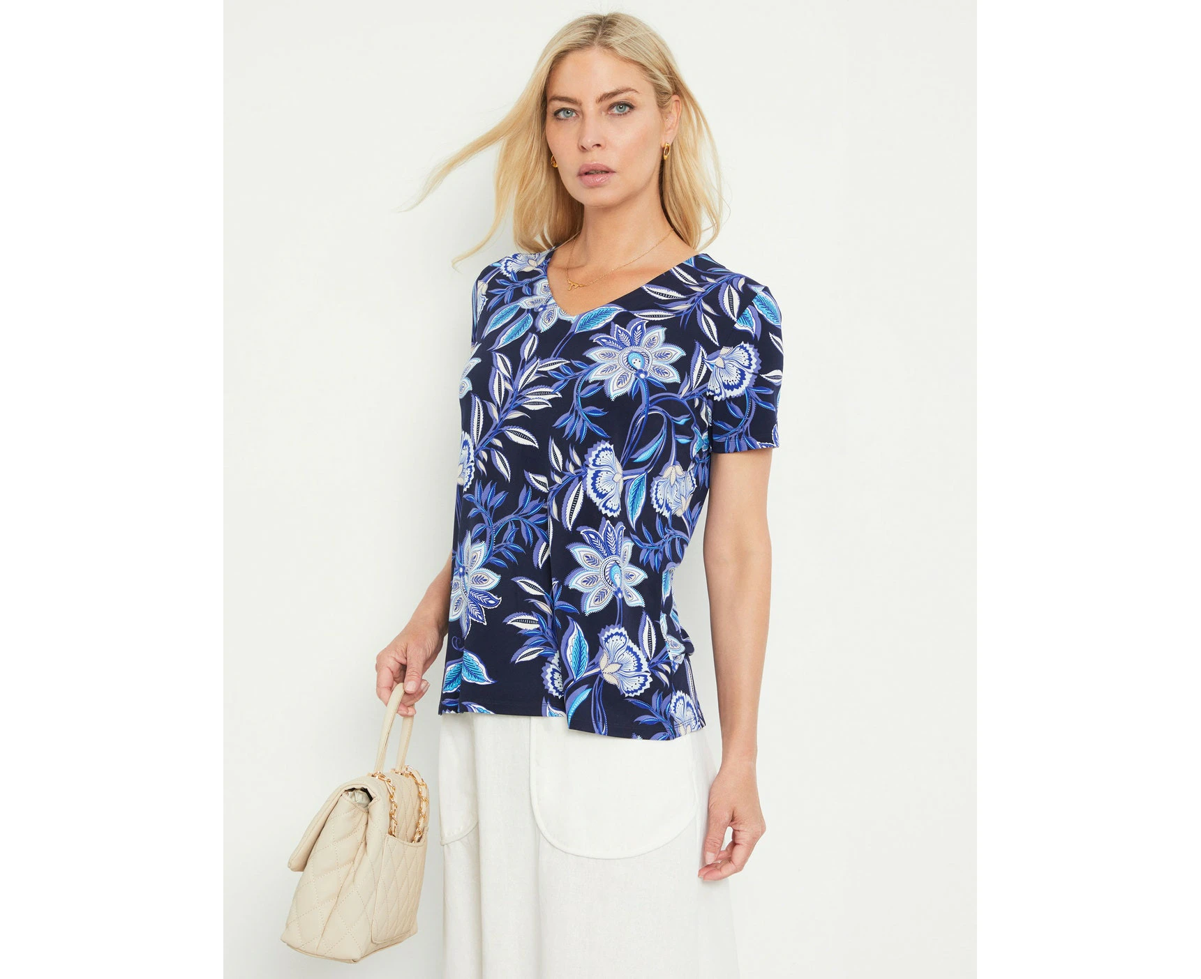 Noni B - Womens Summer Tops - Blue Basic - Floral - Office Wear - Work Clothes - Navy Blazer - Short Sleeve - Knit - Elastane - Smart Casual Fashion