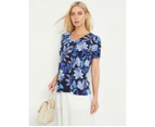 NONI B - Womens -  Floral V-Neck Knit Top - Navy Blazer