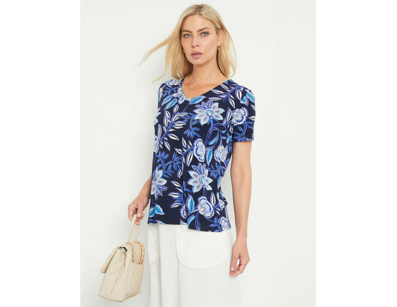 NONI B - Womens -  Floral V-Neck Knit Top - Navy Blazer