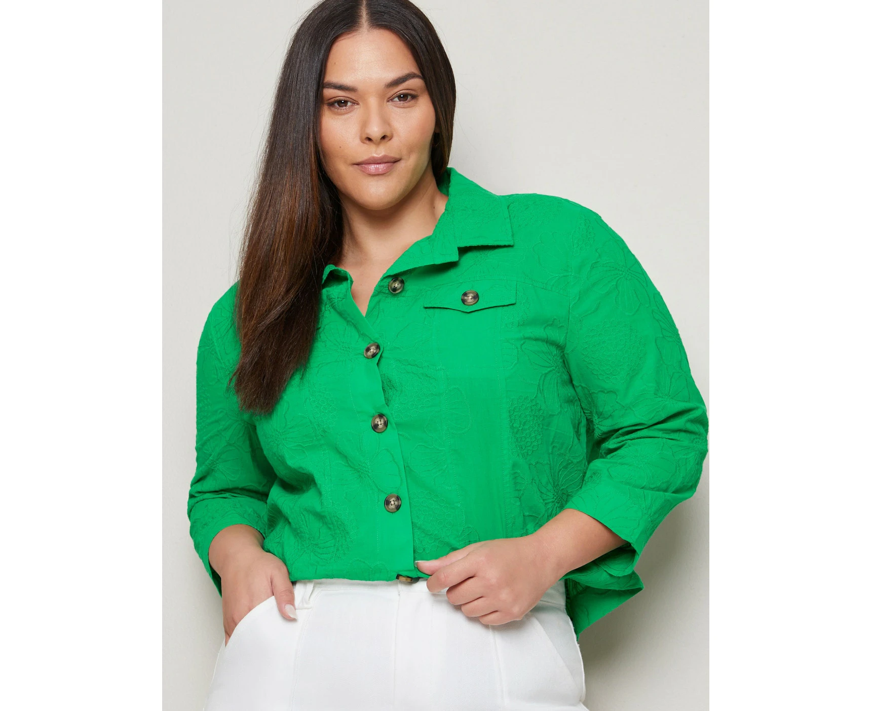 Autograph - Womens Plus Size - Jacket - Summer - Green Cotton - 3/4 Sleeve - Solid - Regular Fit - Length Regular - Office Wear - Casual Work Clothes