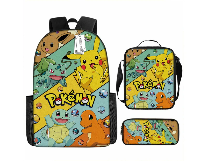 3PCS Pokemon Pikachu Backpack Kids Shoulder Bag ShowBag Pencil Case for Teenager Kid Student