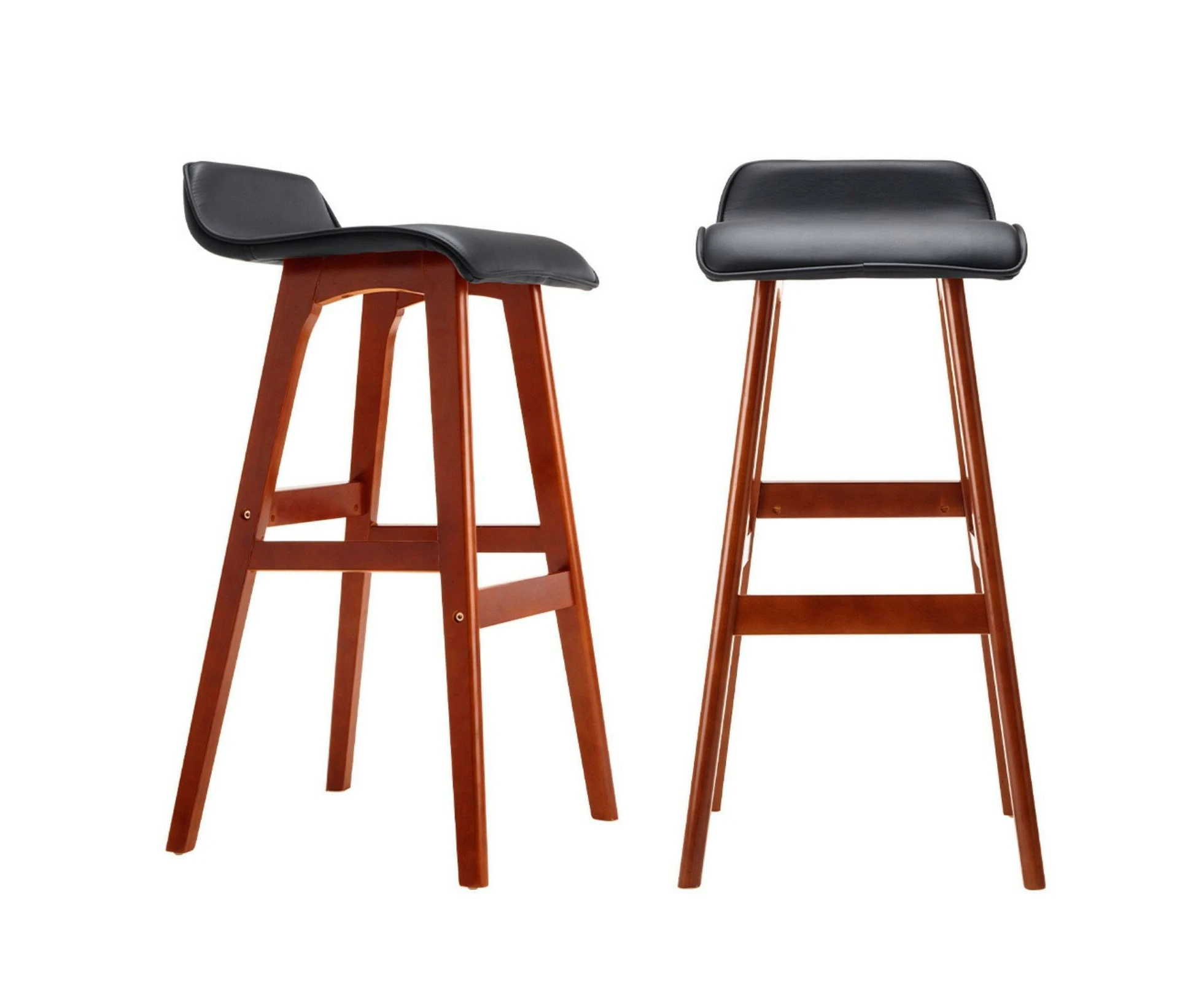 Bar Stool PU Leather Wood Wave Style Set of 2 Black Elegant Structure Bentwood